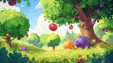 A cartoonish scene of a forest with a tree full of fruit