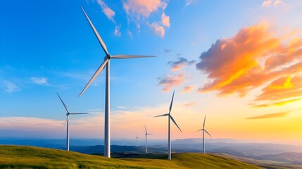Obraz premium Panoramic view of a vast wind farm with massive silhouetted turbines against a colorful atmospheric sky at dramatic dusk