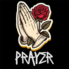 Illustration Vector Graphic of Prayer Hand Hold a rose in black background design for sticker, t-shirt, tattoo, etc