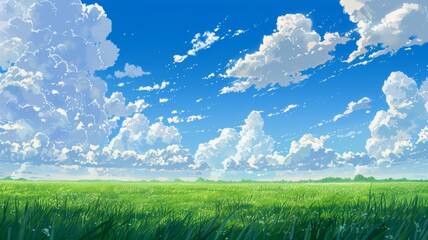 Lush Green Field Under a Cloudy Blue Sky