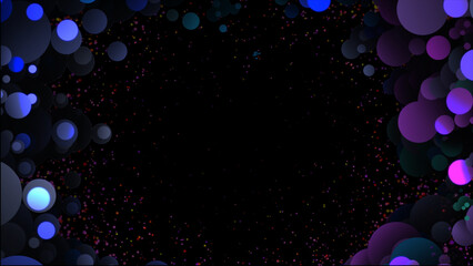 Vibrant spheres of blue, orange, and black float against a black  background, creating a dynamic and colorful visual experience