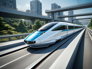 "High-speed train moving through a futuristic city, showcasing advanced transportation technology and urban mobility."