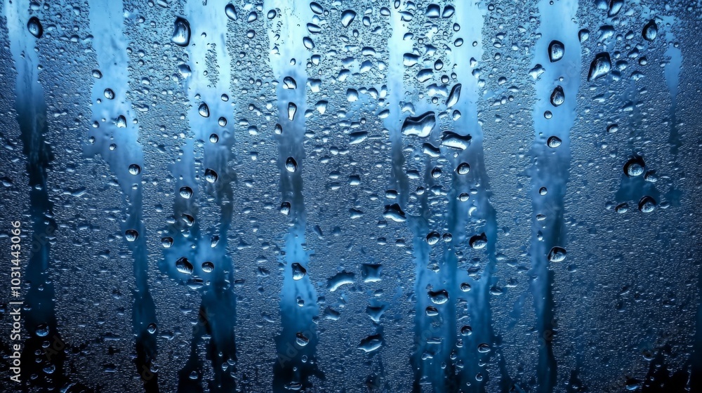 Aufkleber Water droplets on window creating textured pattern with deep blue background, glistening in light. Mood: peaceful and serene.