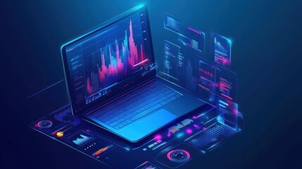 Obraz premium Blue banner with 3D laptop and chart graph for Digital business growth and Development Strategy.