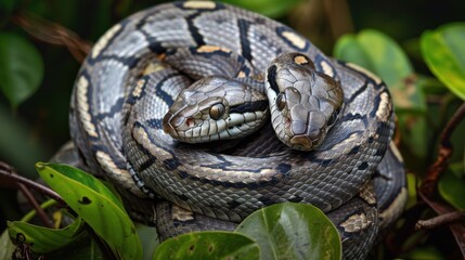 Fototapeta premium Two snakes are curled up together on a leafy green plant