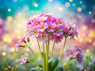 Hand-Drawn Primula Lanuginosa Illustration with Bokeh Effect for Botanical Art Lovers
