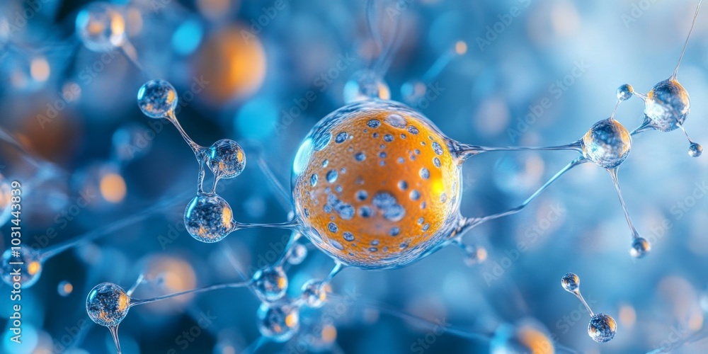 Poster close-up of water droplets in various sizes and shapes on blue background, with a floating round ora