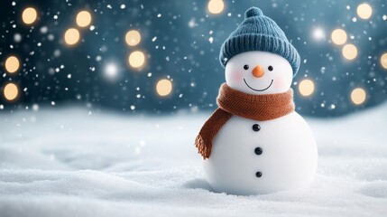 Cheerful snowman in a snowy winter landscape