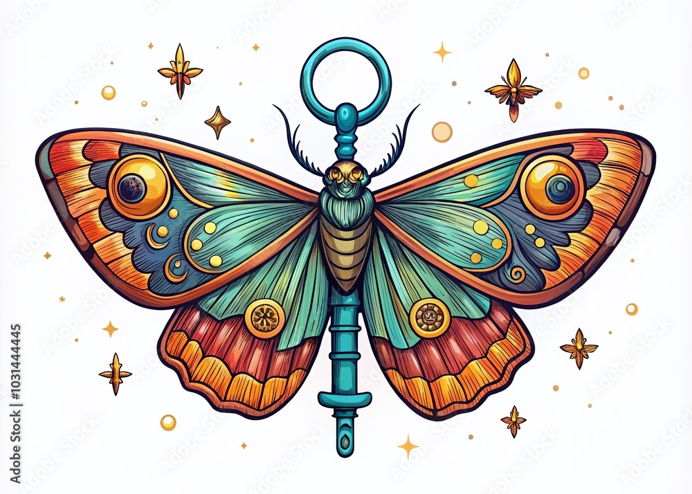 Poster hand drawn vector illustration of moth and key elements for branding in simple style, isolated on wh