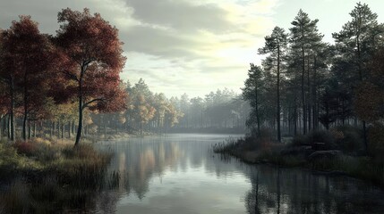 Serene landscape with a calm lake and autumn foliage.