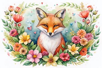 Fototapeta premium Handdrawn Watercolor Fox Illustration with Flowers and Heart for Souvenirs and Decor