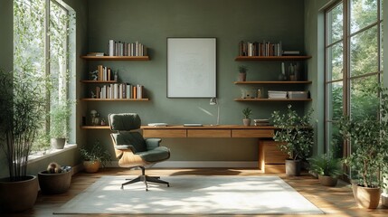 Modern home office with green walls, wooden desk, and large windows.