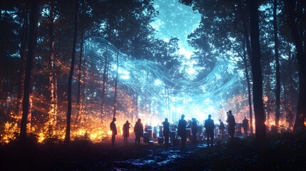 Naklejka premium A detailed scene of a drum circle in a forest, the sound waves visually depicted as flowing lines of light, with participants deeply immersed in rhythm