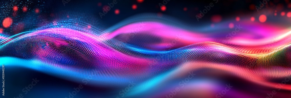 Poster abstract digital art with vibrant colors and shapes in a wave-like pattern on a dark blue background