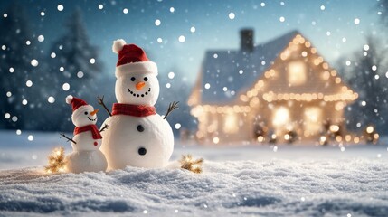 Fototapeta premium Charming snowmen in a winter wonderland with a cozy cabin