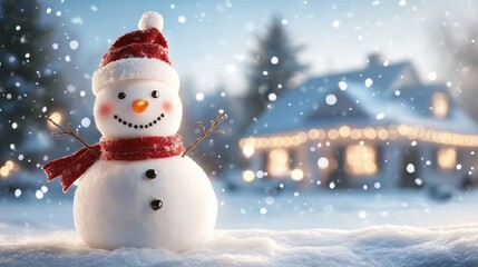 Cheerful snowman in a snowy winter landscape