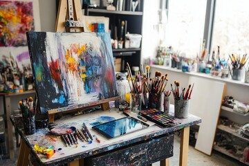 Artist workspace with colorful painting and brushes