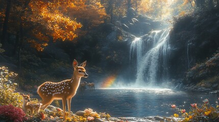 A young deer with its fawn stand by a waterfall in an autumnal forest.
