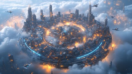 A futuristic circular city floating above the clouds, with sleek, metallic spiral towers twisting upwards, illuminated by soft blue neon lights, and flying vehicles zipping around