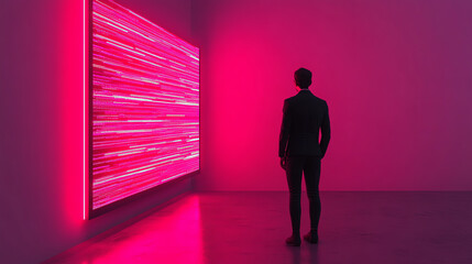 Obraz premium Contemplative figure in neon art exhibition