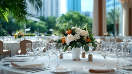 Majestic crystal chandelier hanging from the high ceiling elegantly lighting up the grand ballroom with its sparkling brilliance and opulent ambiance