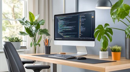 Minimalist and clean workspace with a large monitor displaying complex coding surrounded by simple and elegant decor elements creating a focused and productive environment for digital work