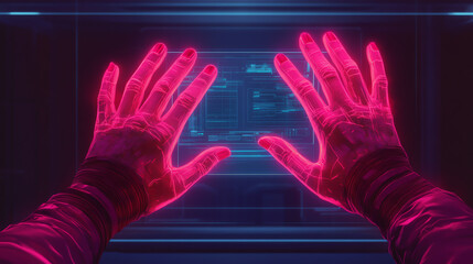 Futuristic hands interacting with neon interface.