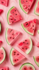 Watermelon slices pattern on pink background. Flat lay, top view 