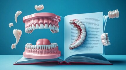 Open book with teeth illustration on blue background, with scattered pink human mouths and missing teeth.