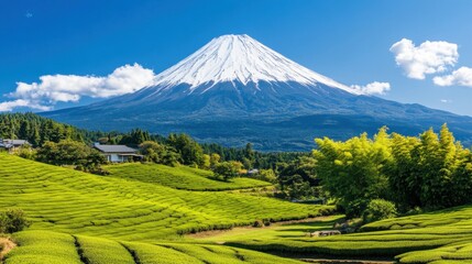 Fototapeta premium Lush green tea fields stretching out with Mount Fuji towering in the background, blending the beauty of nature and agriculture.