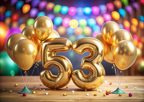 Happy 53rd Birthday or Anniversary Celebration with Golden Helium Balloons and Festive Background