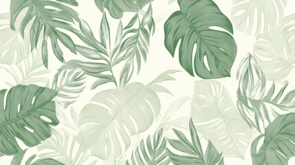 Lush jungle landscape on retro-style wallpaper, with soft green tones and detailed vintage patterns