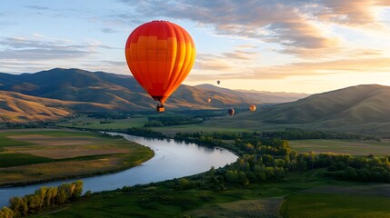 Fototapeta premium Mesmerizing hot air balloon ride at sunset with multiple balloons floating above a patchwork of scenic fields and rolling hills creating a breathtaking and serene aerial vista
