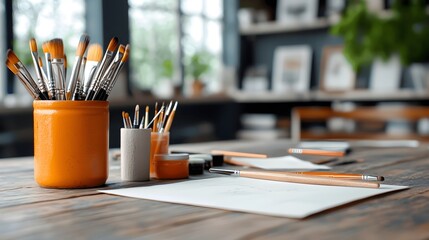 A vibrant creative workspace filled with an array of colorful art supplies brushes paints and scattered sketches on a large wooden table capturing the essence of an productive yet messy environment