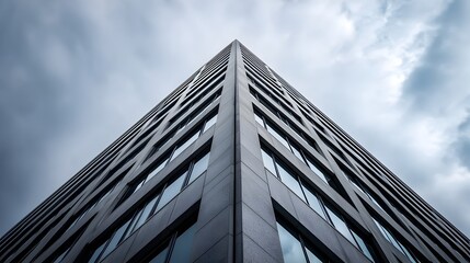 Obraz premium Minimalistic black and white architectural photograph showcasing a modern skyscraper with sharp geometric lines and bold patterns The clean minimalist design creates a striking visual impact