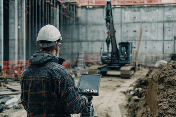 A construction site where a human operator is controlling a robot to perform precision tasks, reflecting the efficiency of human-robot collaboration.