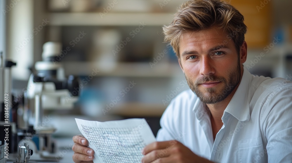 Aufkleber a man studying a document in a laboratory setting.