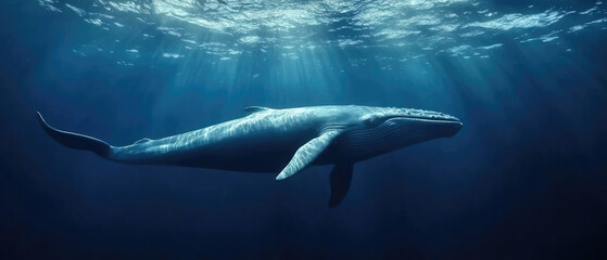 Fototapeta premium Blue whale swimming in the middle of the blue ocean seen from the side