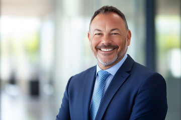 Fototapeta premium Portrait of a Confident Middle-Aged Businessman in a Blue Suit and Tie, Smiling with a Friendly Expression, Looking Directly at the Camera