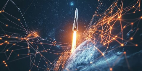 Digital Rocket Launch Surrounded by Futuristic Data Visualization, Showcasing Space Technology and Innovation in Exploration.