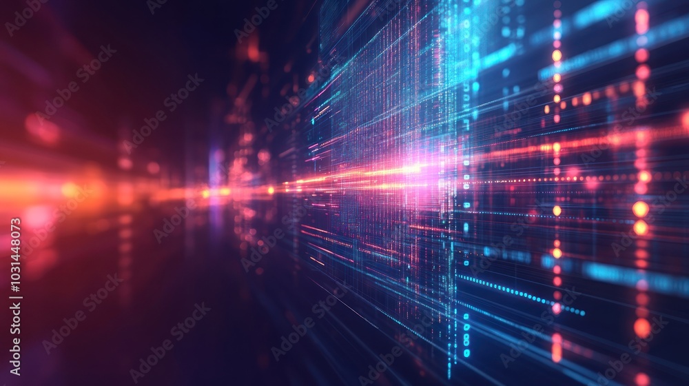 Poster abstract holographic digital technology background with glowing lines and data, cyber security