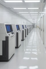 A modern hallway featuring sleek, high-tech machines lined up against a bright, sterile backdrop.