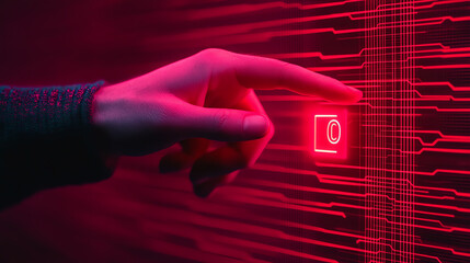 Hand pressing digital button, neon background