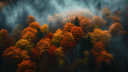 Fototapeta premium Breathtaking Fall Landscape Captured in Digital Photography, Showcasing Rich Colors and Light Mist for an Epic Autumn Experience.