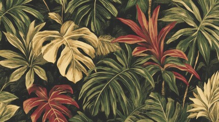 Old-fashioned jungle wallpaper, rich with retro colors and textures, bringing a lush, vintage landscape to life.