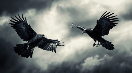 Fototapeta premium Ominous black crows with sharp talons, piercing eyes, hovering menacingly against a gloomy, foreboding sky.