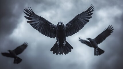 Obraz premium Ominous black crows with sharp talons, piercing eyes, hovering menacingly against a gloomy, foreboding sky.