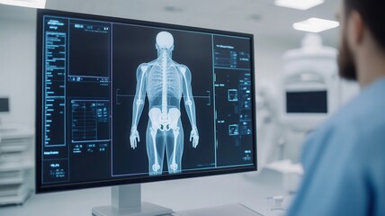 A healthcare professional studies a detailed digital display of a human skeleton, showcasing various data points in a clinical setting.