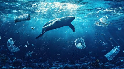 Fototapeta premium Humpback Whale Swimming in Polluted Ocean