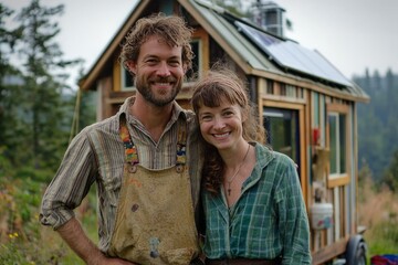 A couple living in a tiny house on wheels, powered by solar panels and with a rainwater collection system, representing mobile off-grid living.
